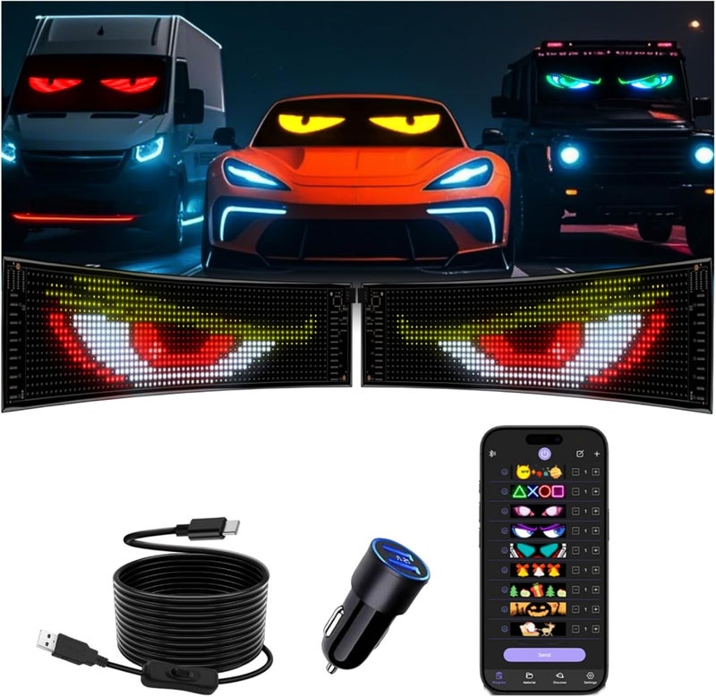 JDVOOTD Multifunctional Bright 2PCS Devil Eyes for Cars Windshield - 19in x 5in [ Upgraded Chip Two Screens 100% Synchronized ] Programmable LED Eyes for Car - Flex LED Display - Sized Cars/SUVs/Trucks - Image 1